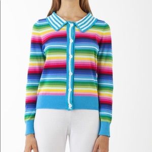 NWT Happy Sheep Rainbow Blue Striped Cardigan Crochet Detail Size Small